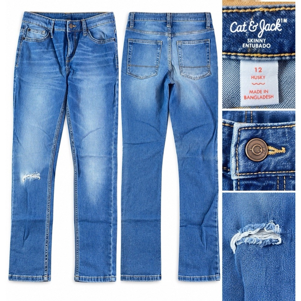 Cat & Jack Boys Skinny Jeans Medium Wash Distressed Denim Size 12 Husky